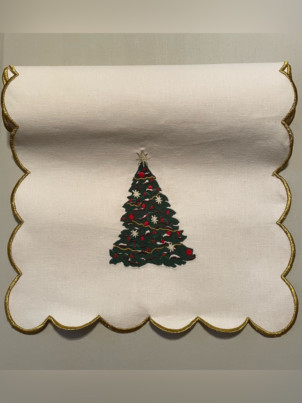 Threshold Cream Holiday Table Runner with Green and Gold Tree Embroidery